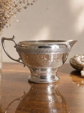 Vintage W.M. Mounts Silver-Plated Creamer – Ornate Embossed Design